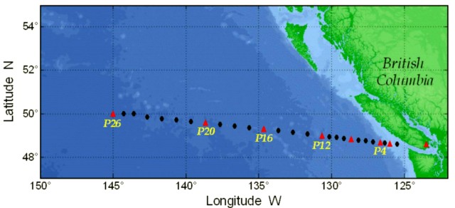 Distribución de las aguas superficiales de Fukushima sobre columbia Britanica Indaadores wp